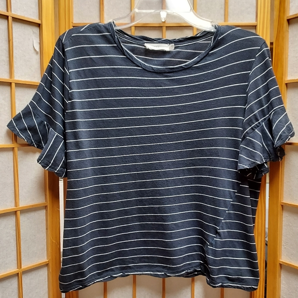 🖤 Lush Boxy Striped Shirt Flouncy Sleeves Asymmetrical Hem Womens M Juniors L